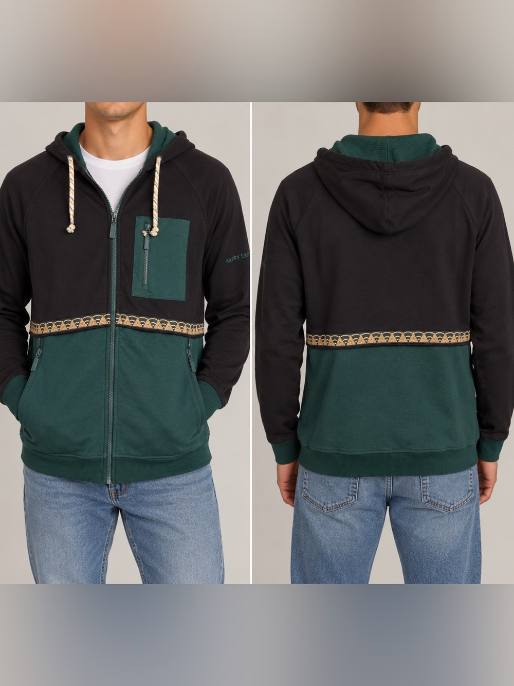 Men's Two-Tone Black & Forest Green Zip Hoodie Sweater